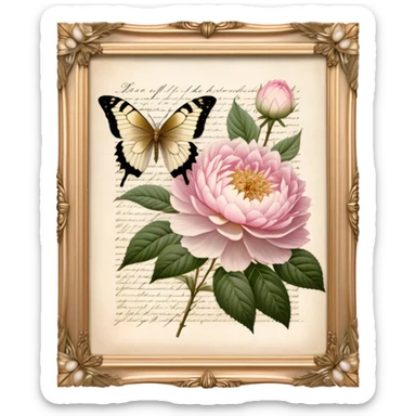 An aged botanical journal, its golden-edged pages filled with delicate pressed pink roses, white peonies, and blush dahlias, as a pearl butterfly delicately rests on the handwritten notes.
 sticker