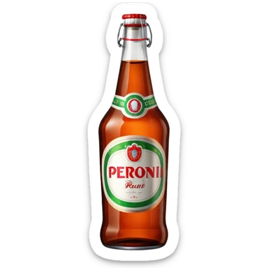 Glass bottle Peroni with red marketing tape and a brown glass bottle color sticker