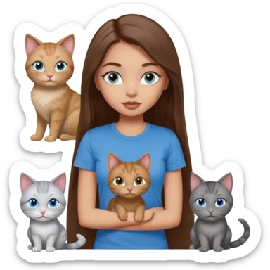 a pretty bratz dusky light skin girl with long brown hair, blue eyes with six cats nd wearing a grey tshirt sticker