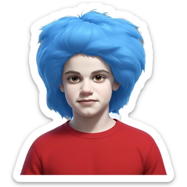 blue haired boy in red sticker