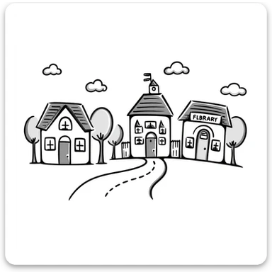 English learning material: hand drawn doodle style illustration of common places in town, labeled, with a road and trees sticker