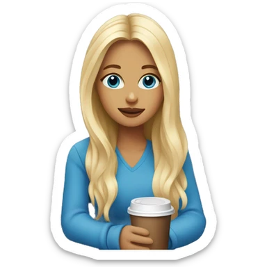 blonde girl with long hair and blue eyes sitting outside a coffee shop with a coffee  sticker