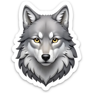 cinematic-noble-wolf-portrait-emoji,-poised-and-regal,-with-a-strong,-lean-build-and-a-sleek,-fur-of-grey-and-white,-deep-set-soulful-piercing-eyes,-simplified-yet-sharp-and-sophisticated-features,-highly-detailed,-full-body, zoomed out showing shoulders sticker