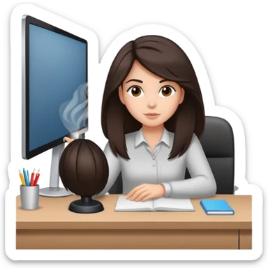girl with dark brown/black hair with fresh blowout sitting at a desk  sticker