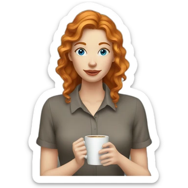 Ginger wavy hair and blue eyes woman drinking coffee  sticker