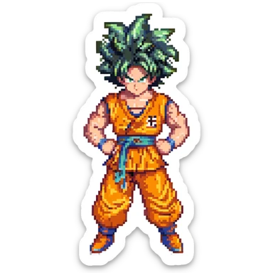 Goku in pixel art style, spiky hair, orange gi, fighting stance sticker