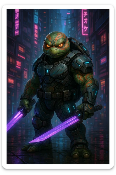 A bold, clever mutant turtle with tribal markings, wearing advanced street armor, glowing eyes, wielding dual energy blades, tech shell, standing in a neon-lit dystopian city, original design, not referencing any known characters. sticker