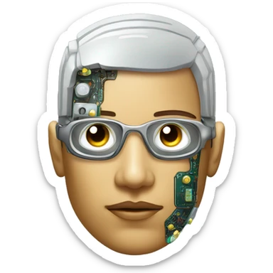 Male cyborg head with metallic skin, flat top, rectangular glasses and circuits sticker