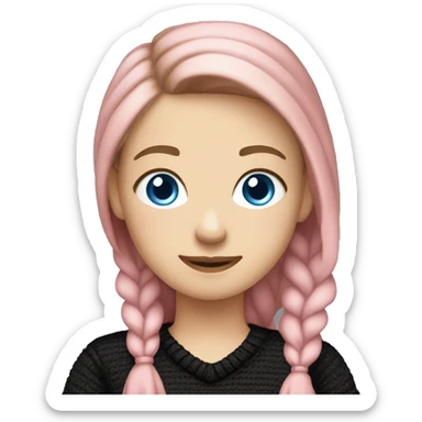 caucasian white IT girl student, holding pink laptop, blue eyes, brown hair ponytail wearing a thick black sweater sticker