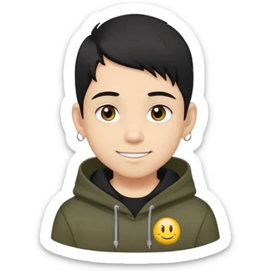 boy with military cut black hair, brown eyes, wearing 2 circle earrings and a black hoodie with a smiley face sticker