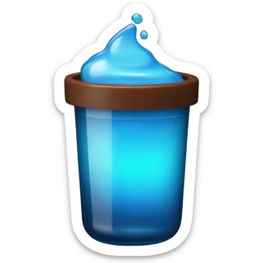 Small glass with brown lid on top blue glowy liquid inside sticker