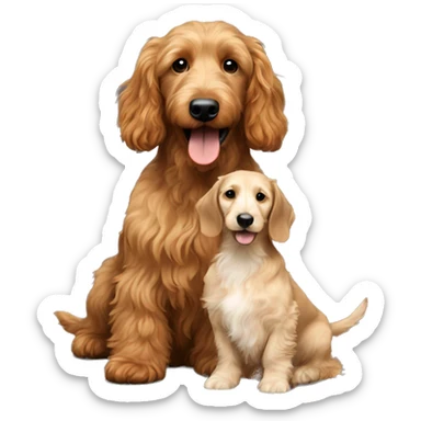 Brown golden doodle and black and tan and cream longhair dachshund sitting together  sticker