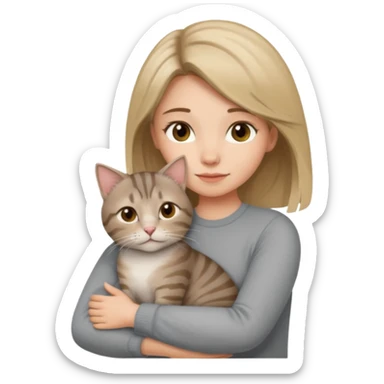 Une femme avec les cheveux dégradée, brun clair et blond, qui fait un câlin à son chat gris, tigré  sticker