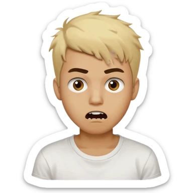 Short buzz, messy blonde hair. Dark brown bushy eyebrows large expressive golden-brown eyes, wearing a plain white t-shirt. Male Teenager. light Dark Brown skin color. Confused mouth gape showing teeth sticker