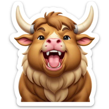 Cinematic Cute Yawning Domestic Bull Portrait Emoji, Head tilted slightly with a dramatic, wide-open yawn, showcasing a robust, muscular frame with a soft, downy coat and subtly drooping horns, round eyes barely open in drowsy contentment, Simplified yet irresistibly adorable features, highly detailed, glowing with a soft, cozy natural glow, high shine, relaxed yet expressive, stylized with a dash of rustic whimsy, soft glowing outline, capturing the essence of a sleepy yet affectionate domestic bull that seems ready to stretch out and settle for a nap! sticker