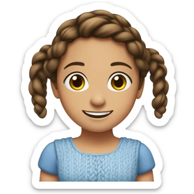 The girl is brunette, with braided hair, brown eyes, smiling. She is wearing a blue dress sticker
