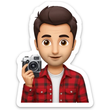 generate a pretty bratz emoji 
Make her look like Ranbir kapoor wearing a red flannel shirt,with white tee underneath. smirking and carrying a camera

he should look exactly  like ranbir kapoor!  sticker
