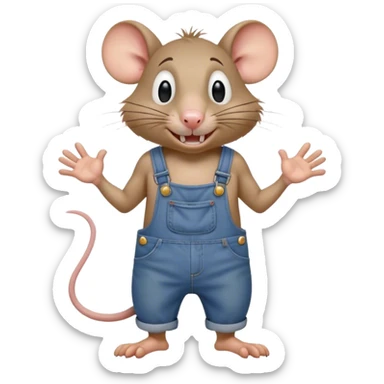 Not smiling.  disheveled dizzy cartoon hillbilly rat wearing overalls no shirt. standing and talking full body. human eyes. teeth showing talking. walking talking moving arms. reacting upset sticker