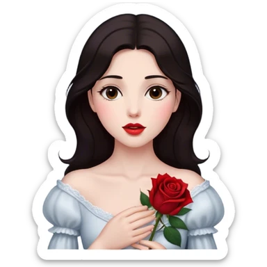 Cinematic Elegant Aurora Portrait Emoji, Delicately holding a single red rose, gazing with soft wonder, lips gently parted as if about to sing, the picture of grace and elegance, glowing with royal charm! sticker