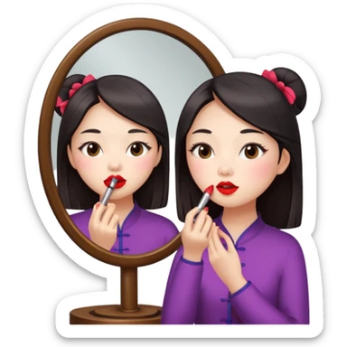 A chinese girl is prettying herself in front of mirror and the mirror reflects her face sticker