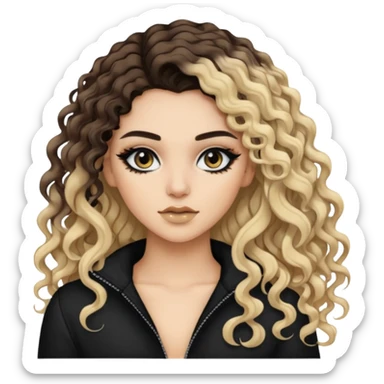 brunette, baddie, pretty makeup, black eyeliner, split dye leftside blonde rightside black long and curly hair sticker