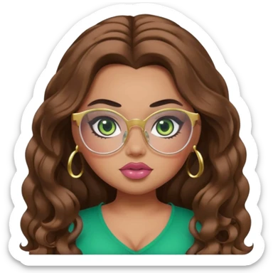  long brown wavy hair, light skin, green eyes, pretty bratz baddie, big plus size , black eyeliner, blush, gold glasses  sticker