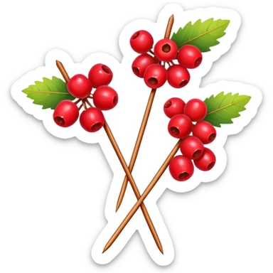 Northeast China candied hawthorn sticks tanghulu bright red fruits on skewer, simplified emoji style with bold outlines and bright colors, cartoon style sugar-coated berries sticker