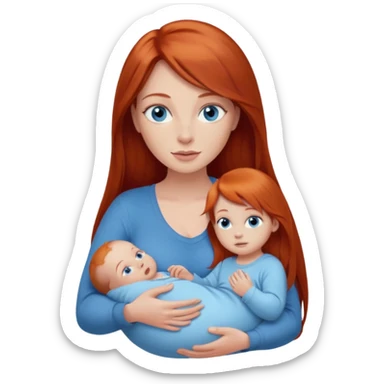 A red head with long straight hair, she has blue eyes with big boobs and a baby boy with blue eyes sticker