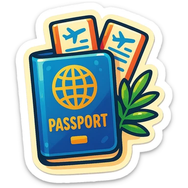retro sticker-style illustration of a passport with two airline tickets sticking out, with a small palm tree or tropical leaf next to the passport, bold outlines, juicy colors, expressive shadows and highlights, playful and glossy look sticker
