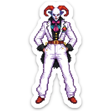 full-body demonic clown in a white leisure suit with bellbottom pants, bald, with black ram horns, flashy belt, ruffled shirt, no neck tie sticker