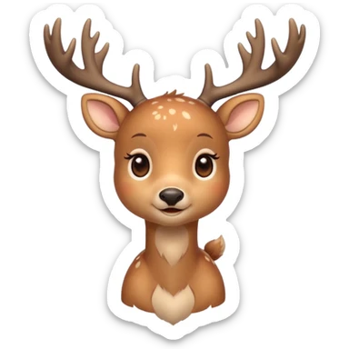 A cute deer is lying, small and simple, with big round eyes, a gentle smile, short antlers, soft beige fur with slightly lighter spots on its back, rounded cartoon-like proportions, minimal shading, vector-style, sticker