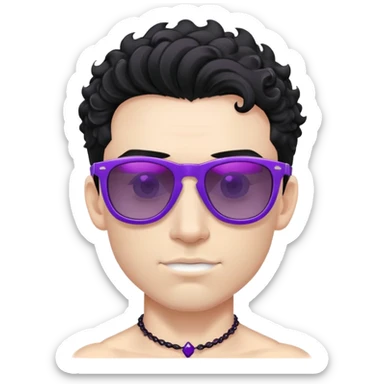 shirtless male athlete with white skin and moderately curly black hair on top with shaved sides, wearing purple sunglasses with black tinted lenses and a shiny black necklace sticker