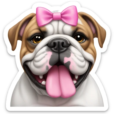English bulldog that is black and white with a pink bow sticker
