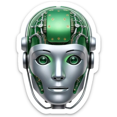 An icon featuring a humanoid robot head, neural network connections, and binary code, symbolizing artificial intelligence. The design includes a brain with circuits and machine learning algorithms, representing the study and development of intelligent systems. Transparent background  sticker