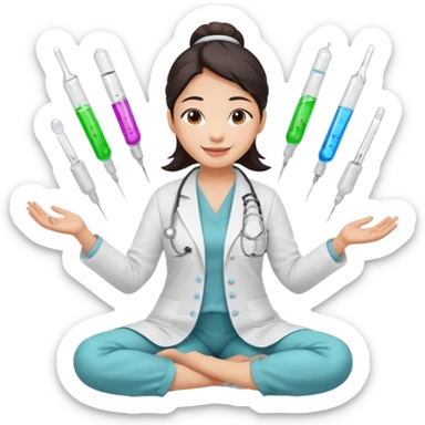 emoji of an asian woman with a single bun in a white lab coat sitting cross legged with a pipettes levitating in an arc around her head sticker