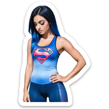 looking up at the sky-texting on phone-very very very large upper body-sexy face-bending forward at waist-very long very straight dark blue to light blue ombre hair-and-blue eyes-thick black eyeliner-thick long eyelashes-iridescent blue lowcut tanktop with black leggings with glitter superman logo sticker