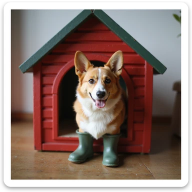 realistic red dog house with a Corgi dog inside, Corgi with a rain boot, photorealistic style sticker
