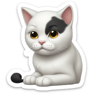 Ashamed blushing white cat with one black ear sticker
