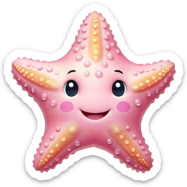 Cinematic cute round starfish, pastel pink, soft bumpy texture, tiny happy face, slightly tilted, glowing warmly, sparkling with gentle ocean magic. sticker