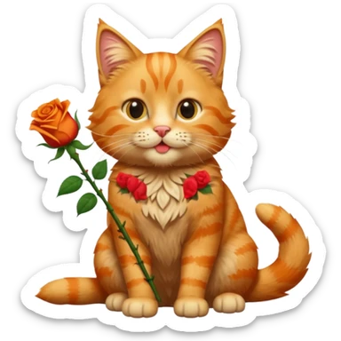 A fluffy, orange tabby cat fuul body, having a rose in it's mouth, and looked like he came from outside. sticker