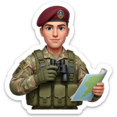 A US army soldier in combat gear, with a maroon beret like in the 82nd airborne. Make the tactical vest also in camouflage. Give him an asthetic that would belong to a 13F, forward observer sticker