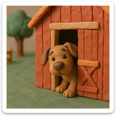 dog peeking out of a barn door, playful and cute, hand-molded details, claymation style sticker