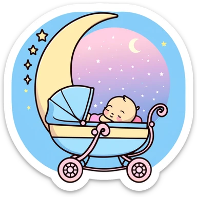 sleeping baby in pink and beige stroller under a crescent moon with sparkling stars and pastel blue clouds sticker