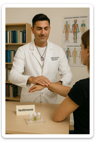 a middle-aged man in a calm, well-lit studio, wearing casual professional attire, performs a classic muscle test on a client’s outstretched arm. On a nearby table, there are small envelopes or vials labeled “testimone” representing samples or objects connected to a distant person. The atmosphere is focused and serene, with books and charts about kinesiological techniques in the background. sticker