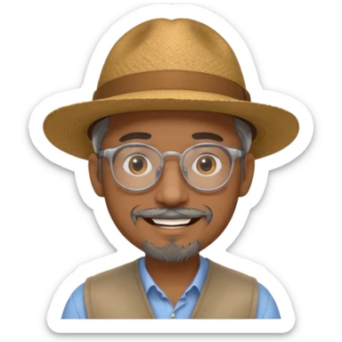 Brown man smiling not showing teeth, wide rimmed hat, clear glasses, gray goatee sticker