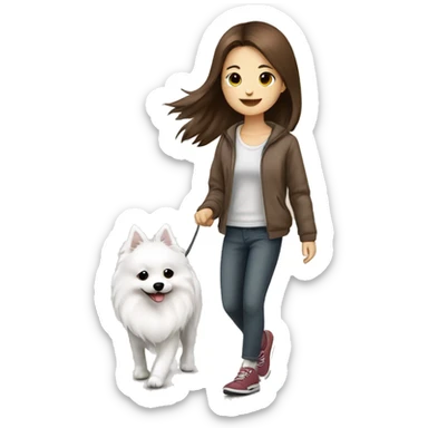 Japanese spitz dog walk with brown hair girl sticker