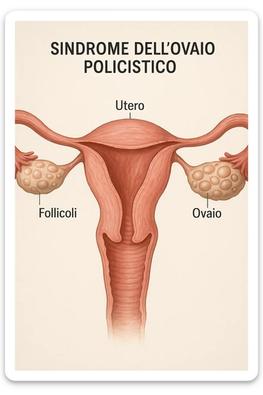 realistic 3D medical illustration of PCOS in anatomical section, showing polycystic ovaries with multiple follicles, uterus and ovaries highlighted, clinical details, natural colors, Italian captions, aspect ratio 2:3 sticker