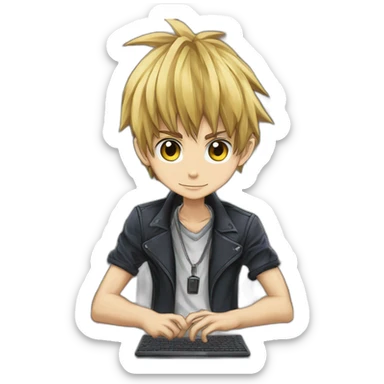 developer behind his laptop with this style :  yu-gi-oh manga anime with hacker themed character sticker