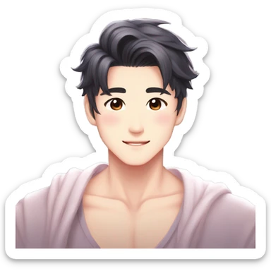 Gorgeous bright sparkly romantic Asian anime gentle man with blushing face aesthetic trending style outside sticker