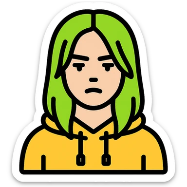 minimalist icon of Billie Eilish with neon green highlights, hoodie, subtle attitude sticker